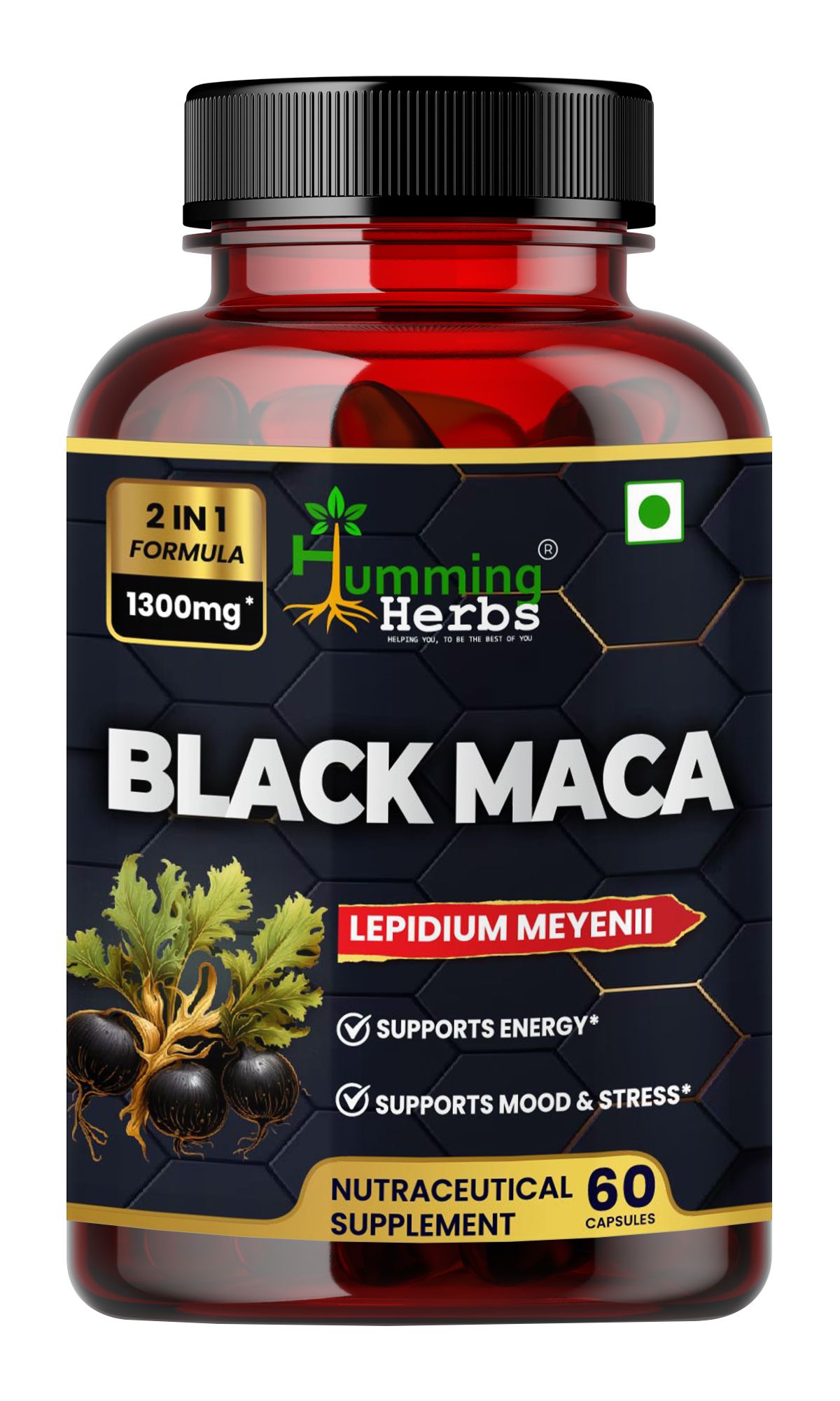 Humming Herbs Black Maca Root Extract 1300mg - Boosts Energy & Stamina, Supports Mood & Hormonal Balance - Men's & Women's Health Supplement