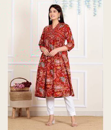 Vbuyz Cotton Printed Flared Women's Kurti - Red ( Pack of 1 )