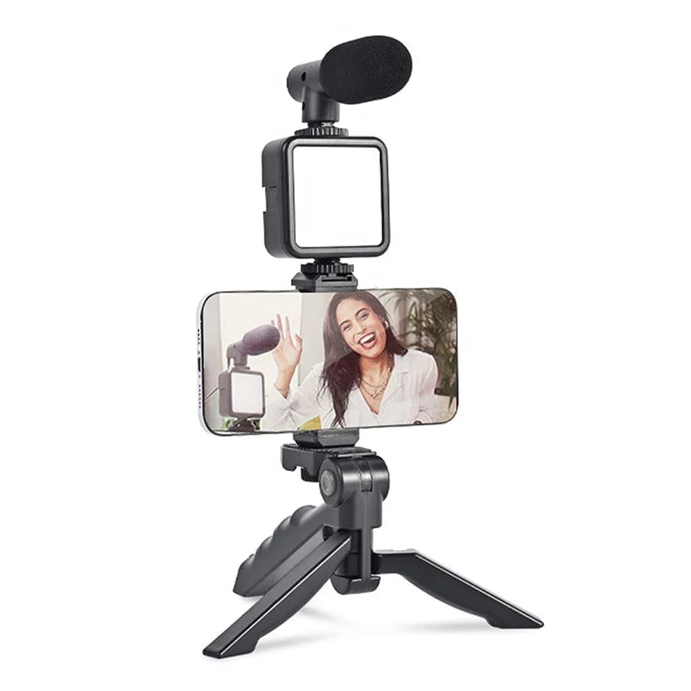 Vlogging Kit for Video Making with Mic Mini Tripod Stand, LED Light & Phone Holder Clip for Making Videos (Random Colour) (Packaging May Different)