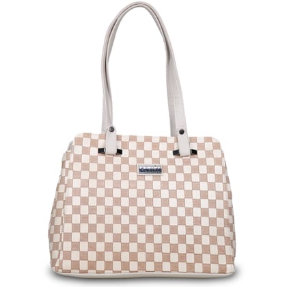 Jothi LuxeCheck Premium Womens Handbag | Multi-Compartment Synthetic Leather Tote | Checkered Woven Texture | Matte Finish | Water-Resistant | Soft Base | Cream
