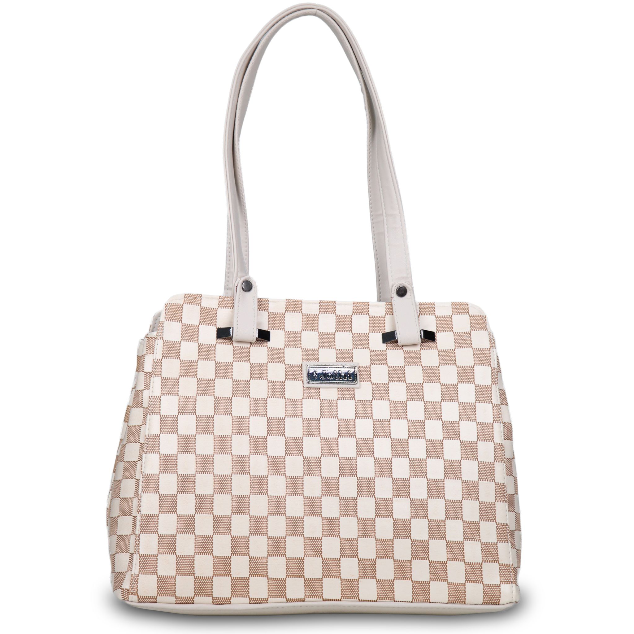 Jothi LuxeCheck Premium Womens Handbag | Multi-Compartment Synthetic Leather Tote | Checkered Woven Texture | Matte Finish | Water-Resistant | Soft Base | Cream