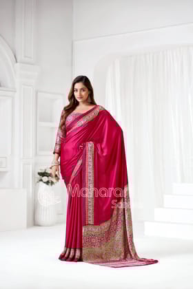 Rani Ajrakh Hand-Printed Modal Silk Saree With Blouse