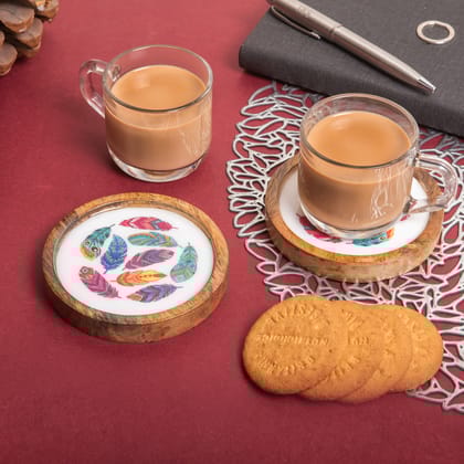 Wooden Round Coasters with Feather Print Design Set of 2