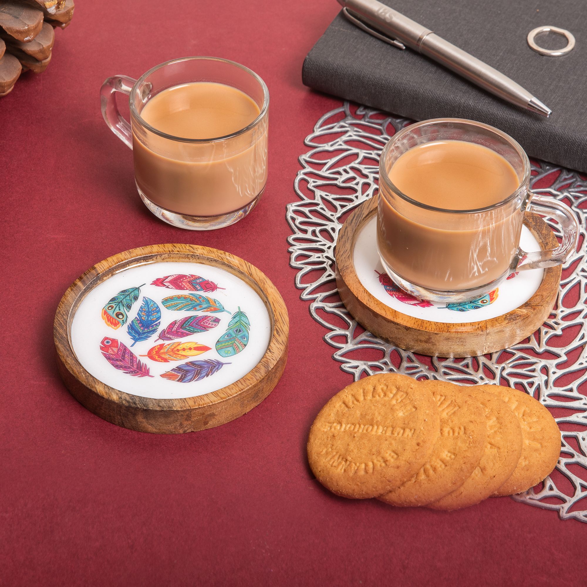 Wooden Round Coasters with Feather Print Design Set of 2