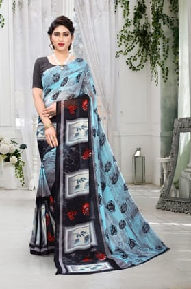 TheHangr Women's Heavy Georgette Saree With Beautiful Print With Blouse Piece -  Light Blue
