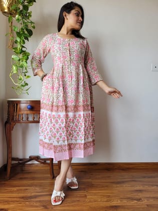 Whispering Blockprinted Cotton Long Dress-36(S)