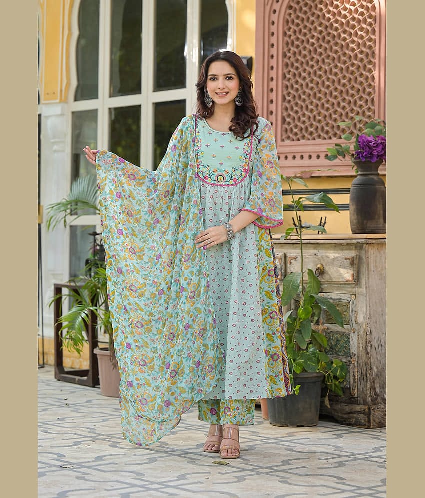 Juniper Women Cotton Printed A-line Kurti With Pants ( Green )