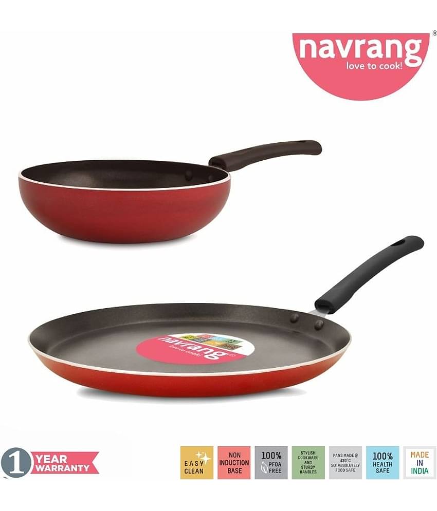 Navrang Nonstick Aluminium 2 PC Cookware Set ,Tawa 260 + Fry Pan 220,Red  -Non Induction