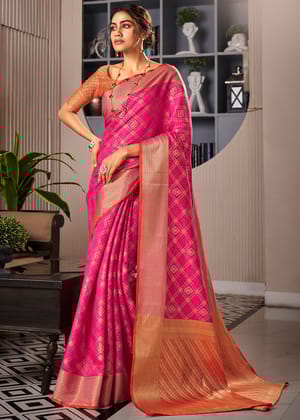 Magenta Pink Woven Patola Soft Silk Saree With Brocade Blouse