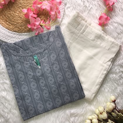 Grey Katha work - Knee Length - Cord Set - Pure Cotton-42 - XL