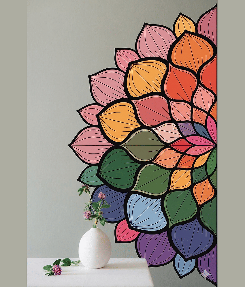 Colourful Mandala Flower Wall Decal Sticker, Multicolour, Boho Floral Design, 55 x 110 cm Self Adhesive Sticker (Pack of 1)