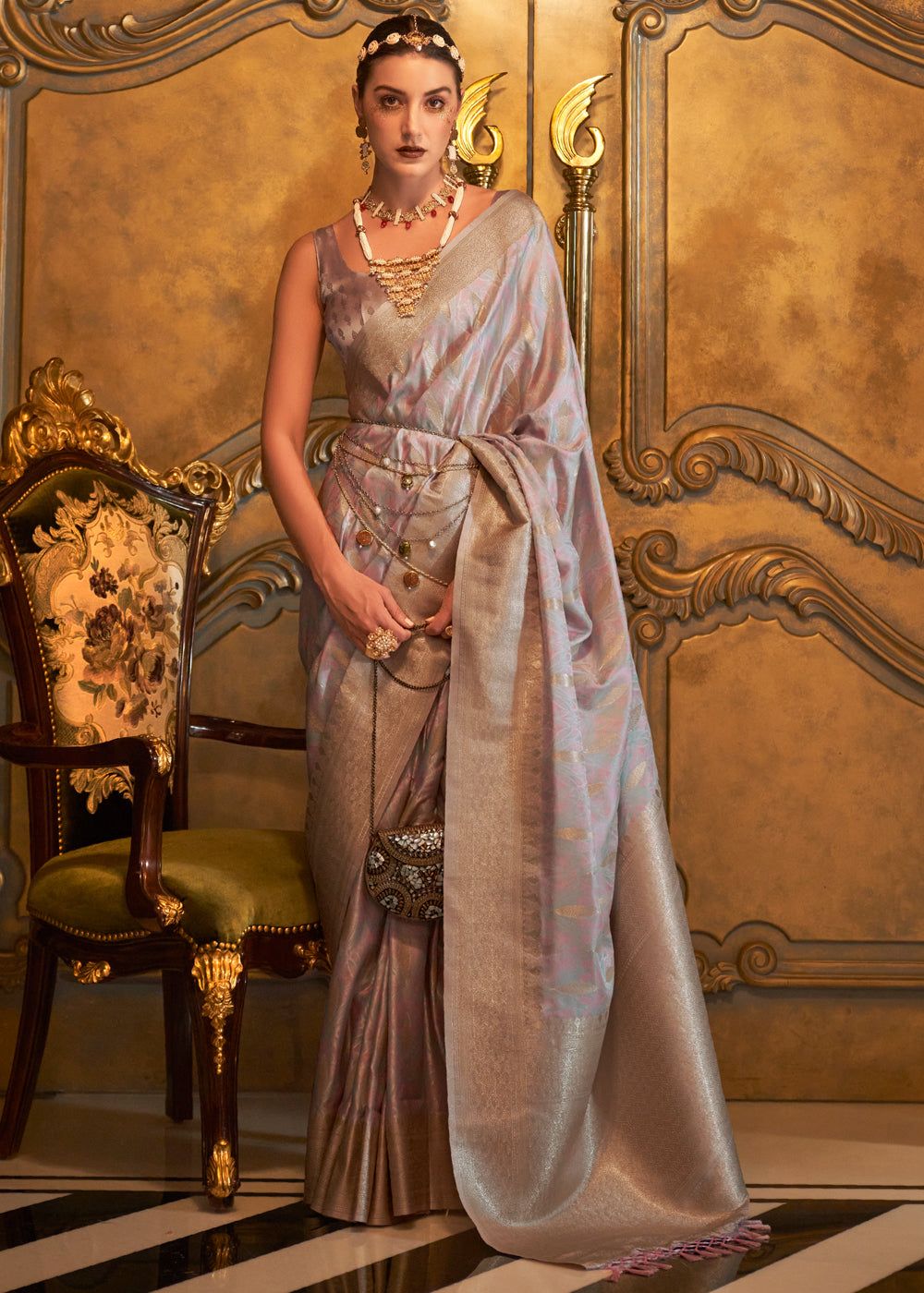 French Mauve Woven Banarasi Satin Silk Saree