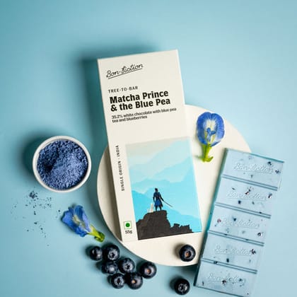 Bon Fiction Matcha Prince & The Blue Pea - White Chocolate With Blue Pea Tea And Blueberies, 55 gm