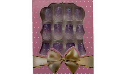 Kucai Beauty Press-On Nails, 12 Pieces, Blue Ombre Glitter, Medium Square Full Cover Fake Nails, Shimmer Design, Reusable Stick-On Nail Tips for Women and Girls (Purpal)
