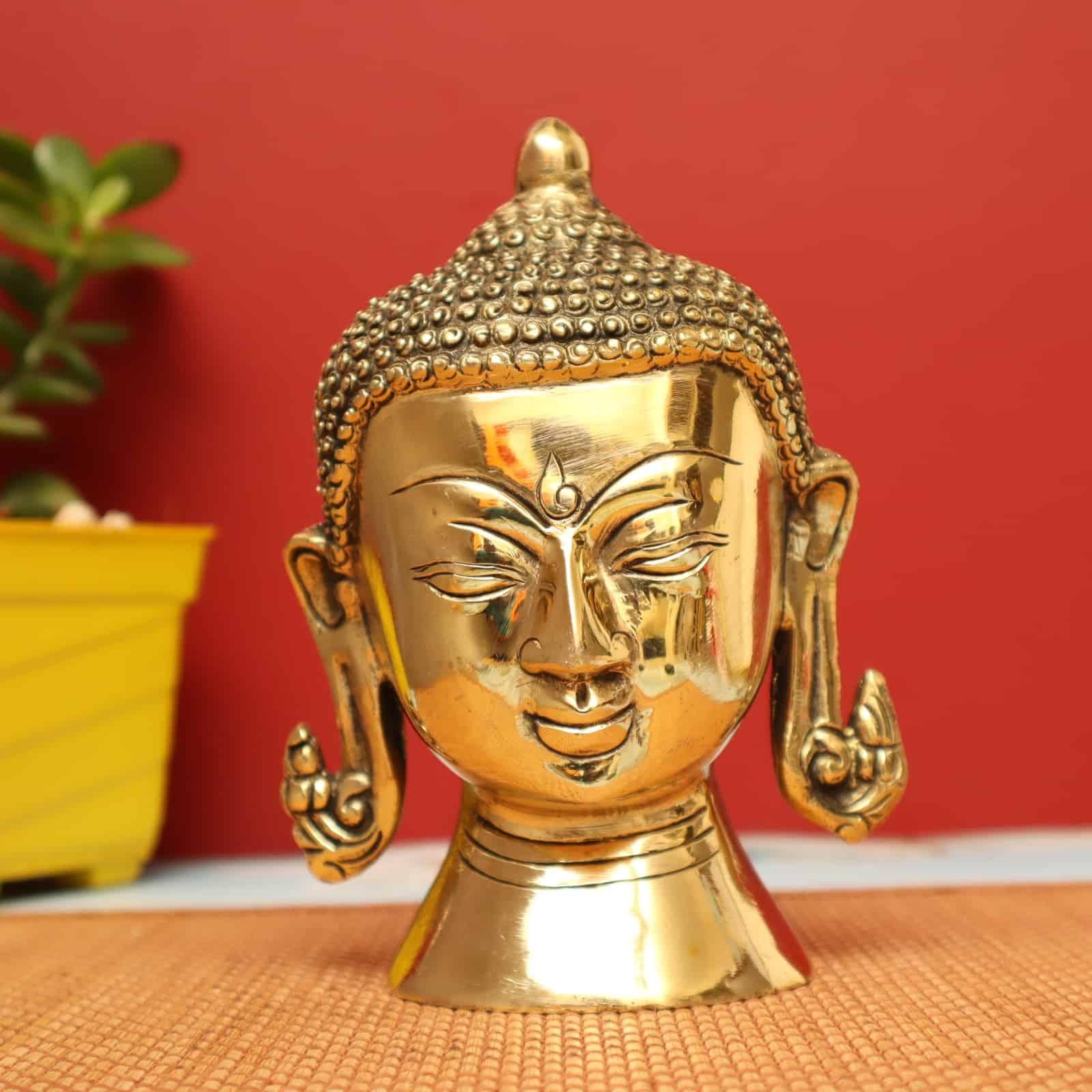 Lord Buddha Head In Brass with Round Base - 7 inch Height