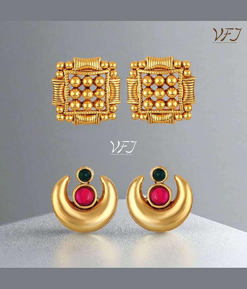 Vighnaharta Golden Stud Earrings ( Pack of 2 )
