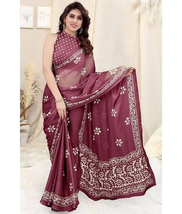 BLEESBURY Chiffon Printed Saree With Unstitched Blouse Piece ( Wine )