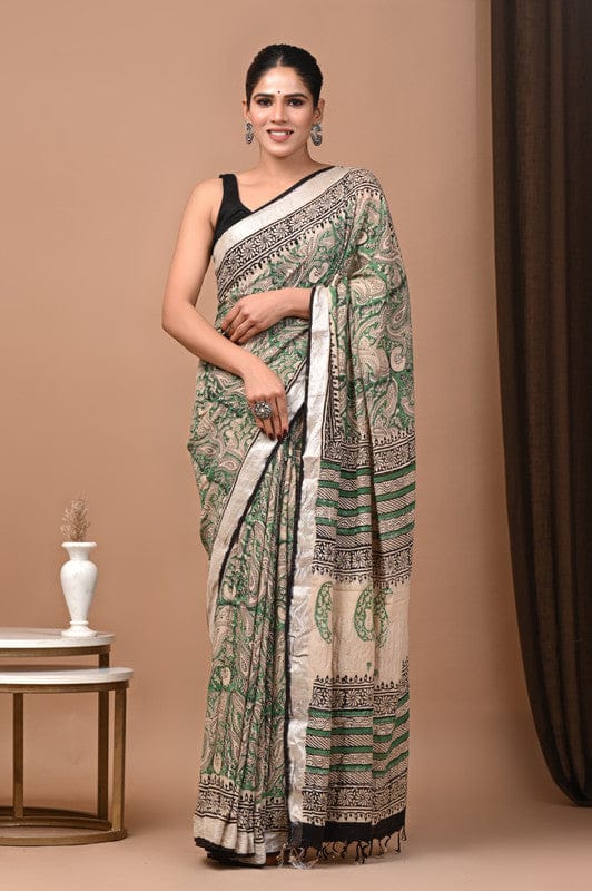 HAND BLOCK PRINTED COTTON LINEN SAREE WITH BLOUSE