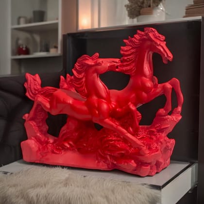Two Red/Cherry Running Horses for Feng Shui and Vastu for Positive Energy H- 16 cm-Poly Resin
