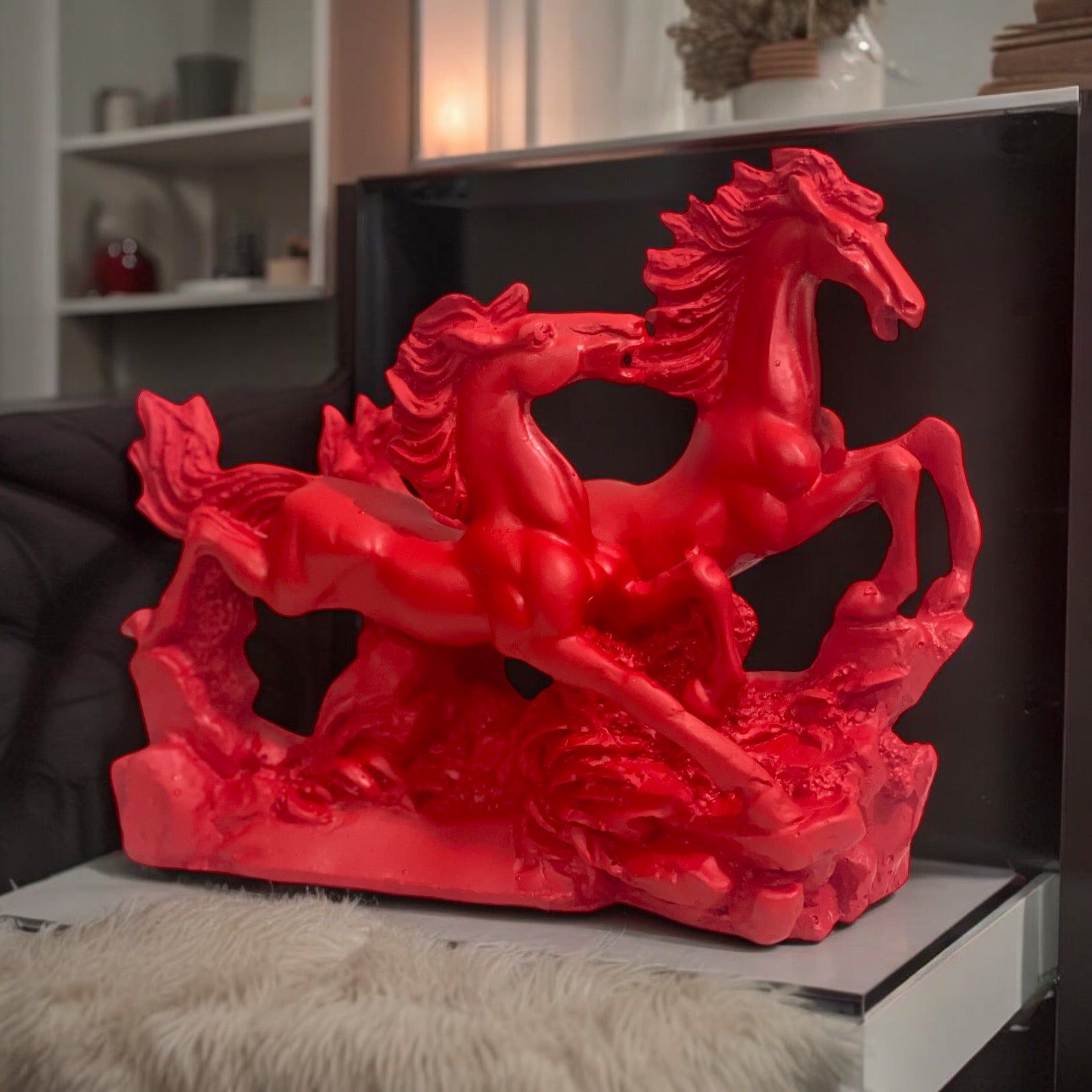 Two Red/Cherry Running Horses for Feng Shui and Vastu for Positive Energy H- 16 cm-Poly Resin