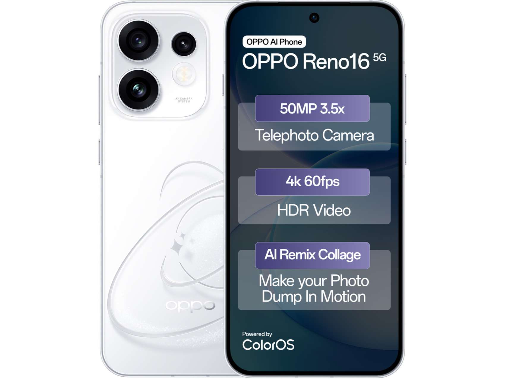 Oppo Reno 16 5G Smartphone, 12GB RAM, 256GB Storage - Starry White