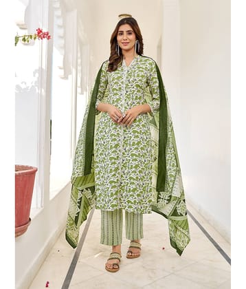 VIBE VISION Cotton Blend Printed Kurti With Pants Women's Stitched Salwar Suit - Green ( Pack of 1 )
