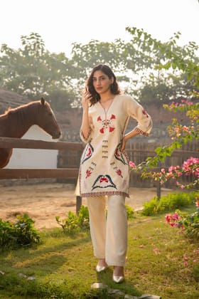 Beige Co-ord Set with Delicate Floral Detailing-BEIGE / M