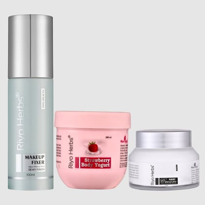 Makeup Fixer Dewy Finish, Strawberry Body yogurt & Night Cream Combo