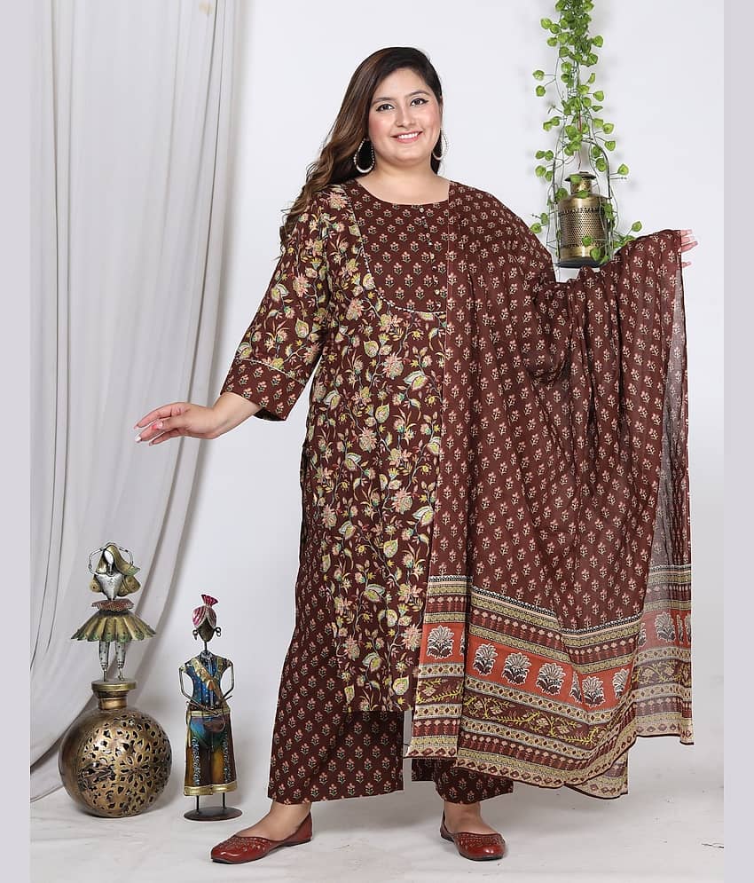 Swasti Cotton Printed Kurti With Palazzo Women's Stitched Salwar Suit - Brown ( Pack of 1 )