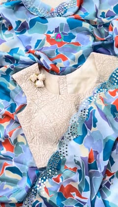 Soft Crape Satin Saree with Foil Mirror Hand embroidery paired with Fashion Blouse-2XS