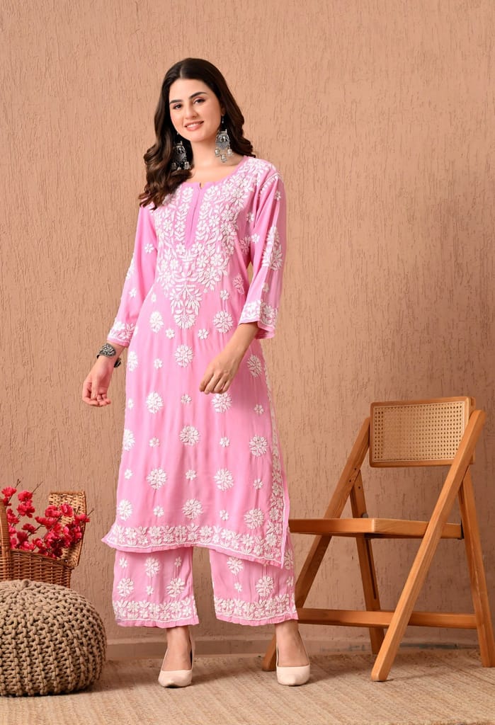 Hand Embroidered Chikankari Plazo Set 3d Work- Pink