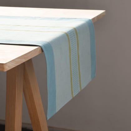 Eyaas Striped Block-Printed Cotton Table Runner in Light and Dark Blue  13 x 60 Inches