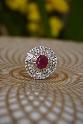 Round shape American Diamond Stylish Red Stone Adjustable Ring-Free Size