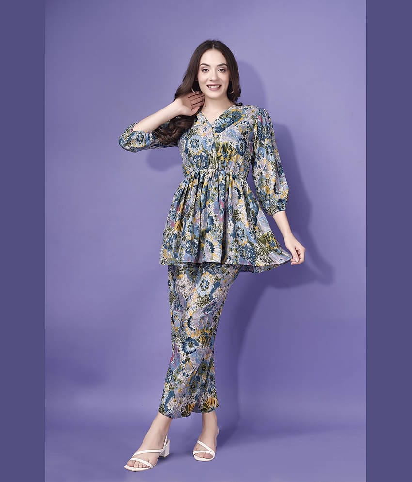 KAHARA Women Printed Top With Palazzos Co-Ord Set ( Blue )
