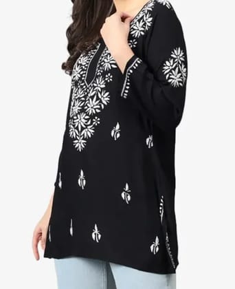 Lucknowi Chikankari Embroidery Cotton Rayon Short Kurti Black and Grey