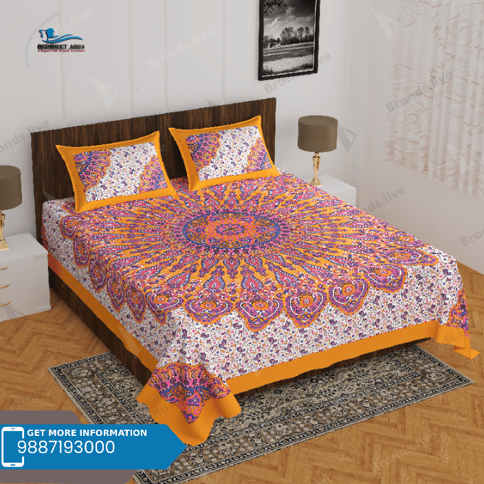 3001-Hometrade India-Standard King Size (90*108 Inches)-Pure Cotton Jaipuri Double Bedsheet With Matching Pillow Cover
