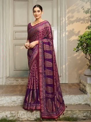 Violet Poly Viscose Georgette Geomatric Pattern Banarasi Saree