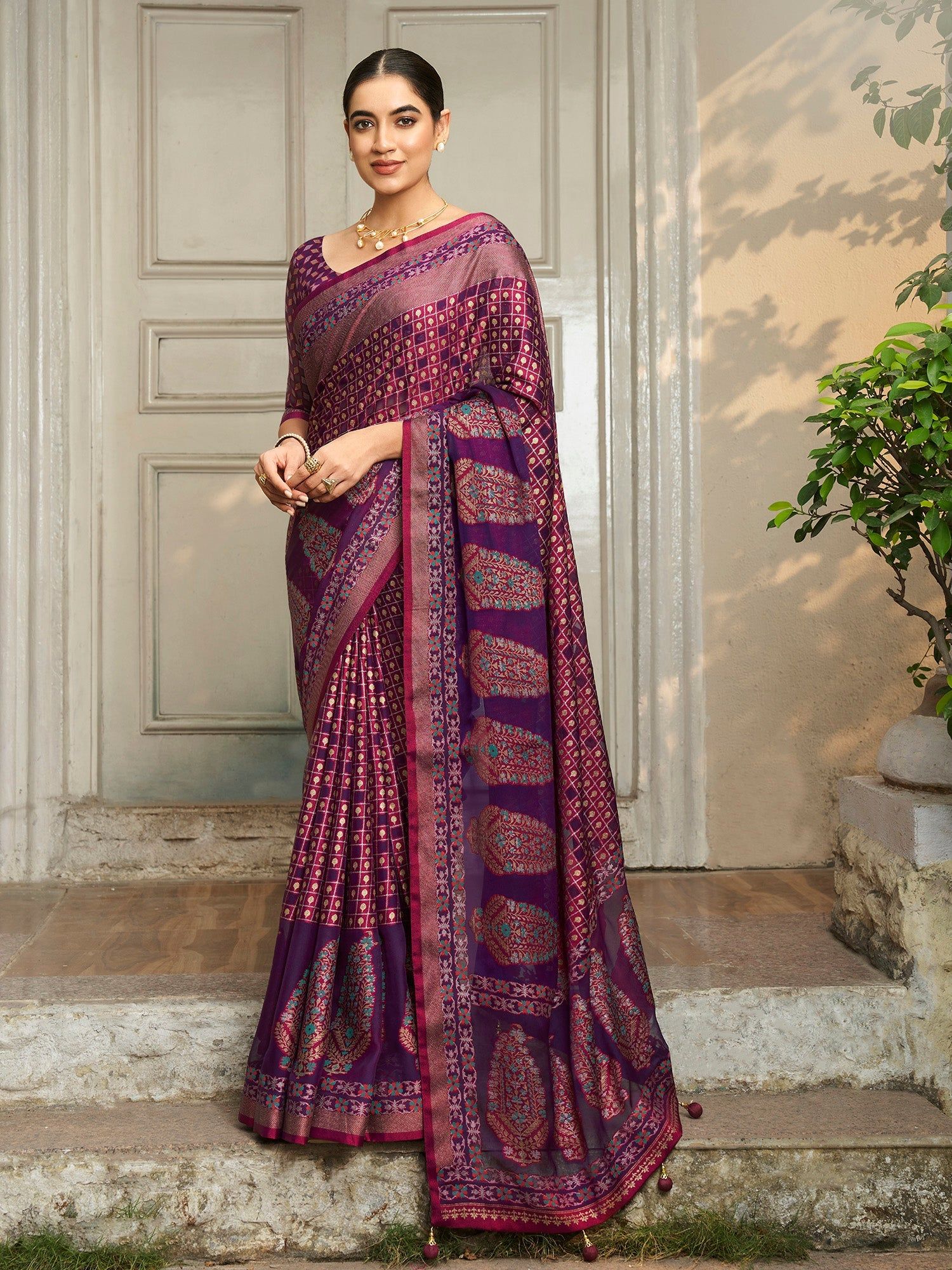 Violet Poly Viscose Georgette Geomatric Pattern Banarasi Saree