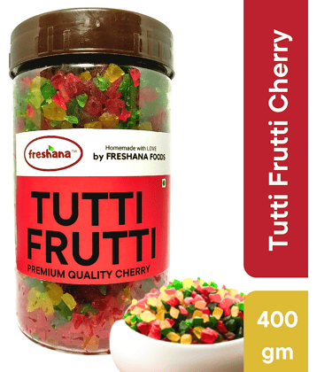 Freshana Tutti Frutti Papaya Cherry, Multicolour, 400g Topping, icing for Cakes, Breads Jelly Beans Tricolour Cherry for Topping, icing of cakes, breads, cookies, Ice cream, custard, chocolates, muffins