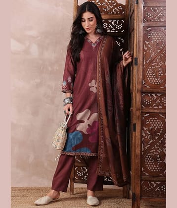Vaamsi Women Silk Blend Printed Straight Kurti With Pants ( Brown )