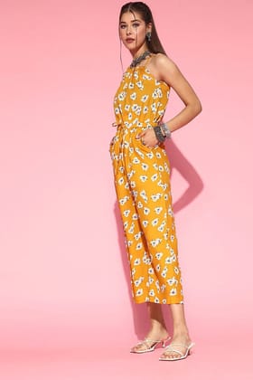 Mustard Polyester Sleeveless Floral Print Jumpsuit VJMP1012