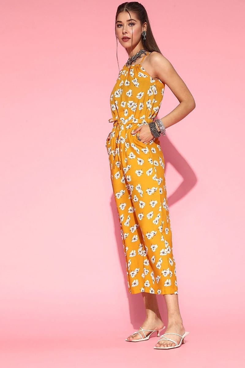 Mustard Polyester Sleeveless Floral Print Jumpsuit VJMP1012