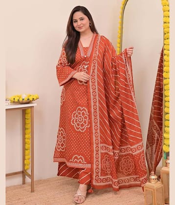 YAGNIK FASHION Women Rayon Printed A-line Kurti With Pants ( Orange )
