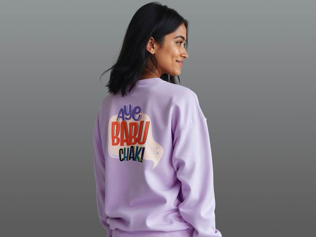 Taarak Mehta Ka Ooltah Chashmah| Lavender Printed Crew Neck Sweatshirt Cotton 350 GSM  (AYE BABUCHAK)