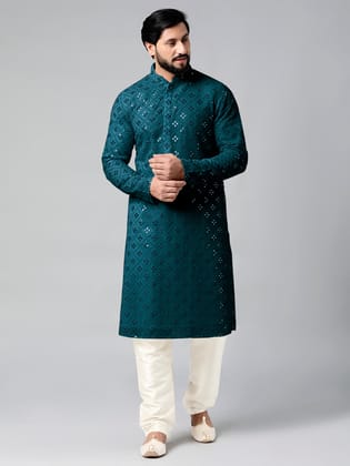 Teal Blue Mirror Embroidery Kurta Set-Made To Measure / Only Kurta - No Lowers