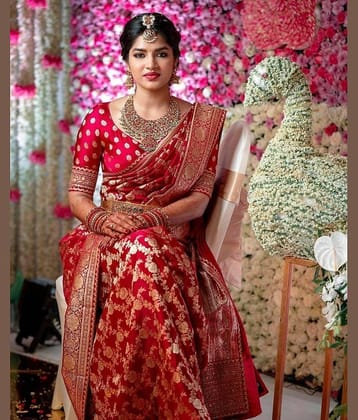 Pheasant Banarasi Silk Woven Saree With Unstitched Blouse Piece ( Rust )