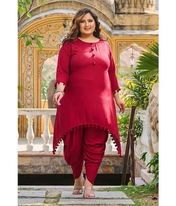 PrettyPlus by Desinoor.com Women Solid Asymmetrical Kurti With Dhoti Pants ( Maroon )