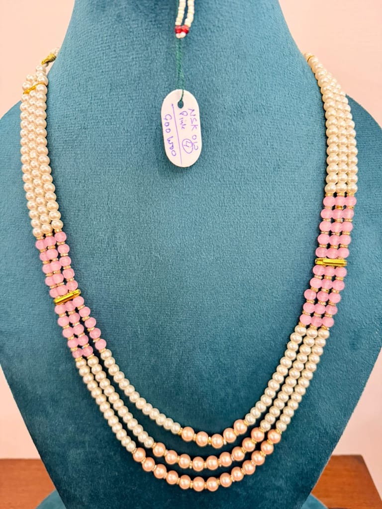 3-strand lvory moti pearl necklace with soft pink quartz gemstone accents