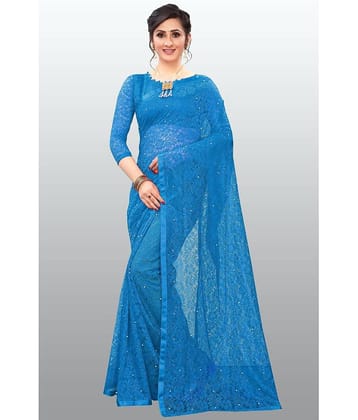 Indy Bliss Net Self Design Saree With Unstitched Blouse Piece ( Blue )