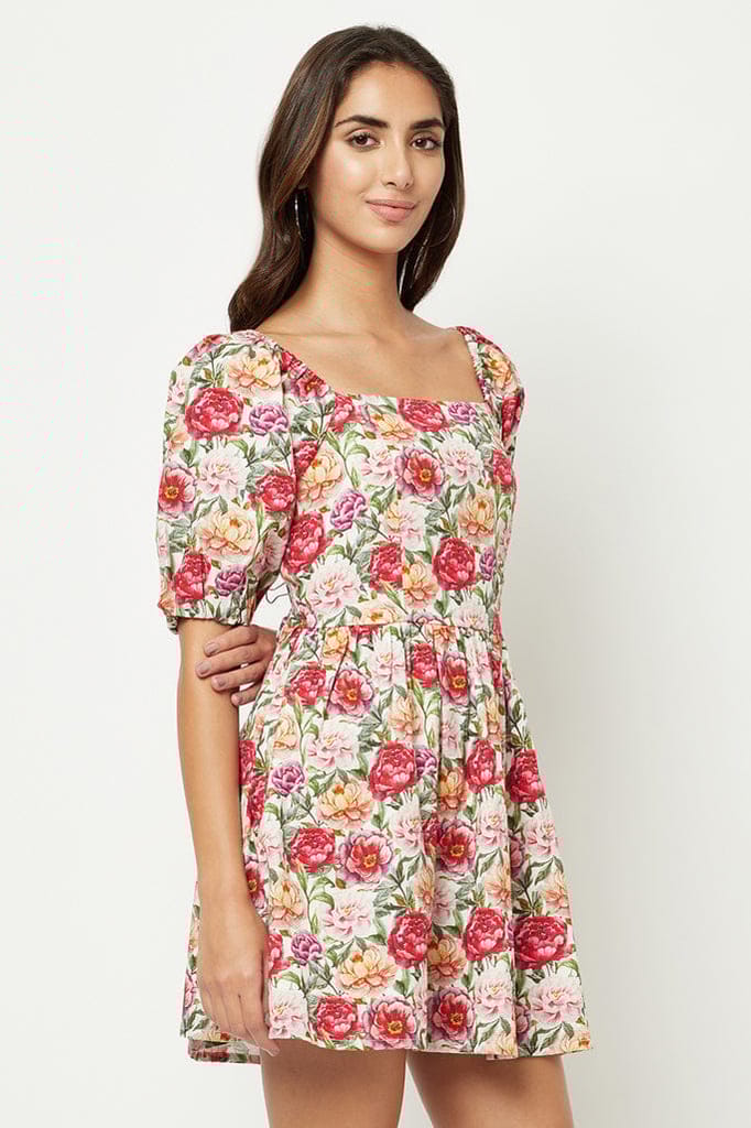 Red Floral Linen Dress